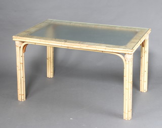 A 1950's rectangular bamboo dining table with plate glass top 72cm x 121cm x 76cm 