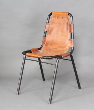 A black tubular metal and leather chair with strap work decoration 