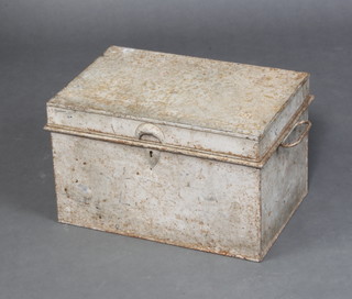 A twin handled metal deed box with hinged lid 30cm h x 44cm w x 29cm d 