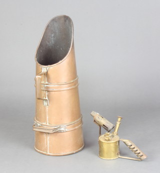 A copper coal hod together with a Blandon brass oil lamp and a Jarasco personal weighing machine (missing mirror) 