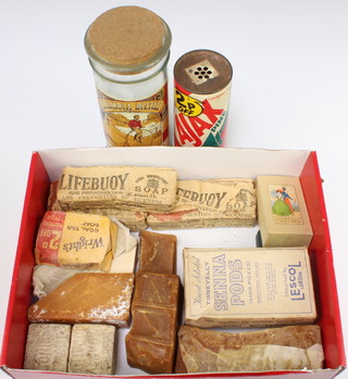 Three bars of Lifebuoy soap in original packaging and other soaps etc together with a metal blue paraffin can and other tins, packaging etc