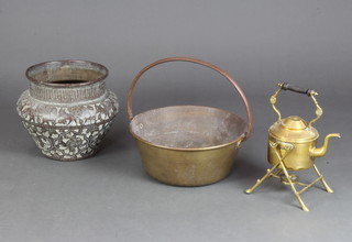 A Victorian brass tea kettle (no burner), a copper preserving pan with steel handle and an Indian embossed jardiniere 