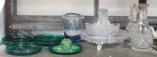 Five Whitefriars style green glass dishes, a circular cut glass bowl, 3 decanters and a small collection of glassware