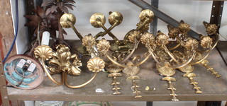 Six gilt metal twin light wall light brackets and 2 metal palm tree style table lamps