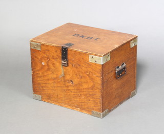 A rectangular oak tuck box with iron drop handles and hinged lid 35cm h x 46cm w x 37cm d  
