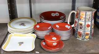 A reproduction 1930's jug decorated cigarette cards, a Noritake terracotta and daisy pattern dessert service together with a Wedgwood Directoire dessert service 
