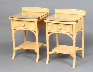 A pair of modern Lloyd Loom bow front bedside tables with raised backs, fitted a drawer above undertier 71cm h x 46cm w x 43cm d 