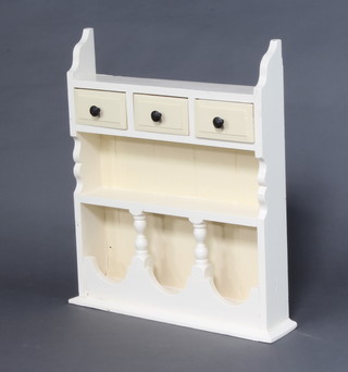 A white painted wall shelf with moulded cornice, having 2 shelves above 3 spice drawers 79cm h x 69cm w x 15cm d  