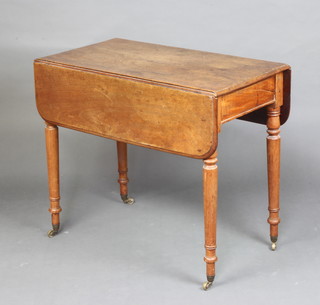A 19th Century mahogany Pembroke table raised on turned supports, brass caps and castors 71cm h x 83cm w x 48cm d (some pitting and scratches to the top) 