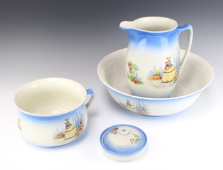 A 1920's transfer print wash stand set comprising jug, bowl, chamber pot (cracked), soap dish and cover