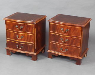 A pair of Georgian style inlaid mahogany and crossbanded bedside chests of 3 drawers, raised on bracket feet 58cm h x 51cm w x 40cm d 
