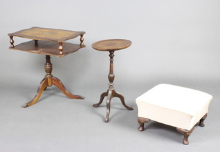 A Georgian style circular turned mahogany wine table on a pillar and tripod base 56cm h x 28cm diam., a shaped Georgian style mahogany 2 tier occasional table with leather inset top 56cm h x 53cm w x 39cm d, a square stool on cabriole supports 22cm x 40cm x 41cm  