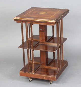 A square Victorian style inlaid mahogany 2 tier revolving bookcase 79cm h x 49cm w x 49cm 
