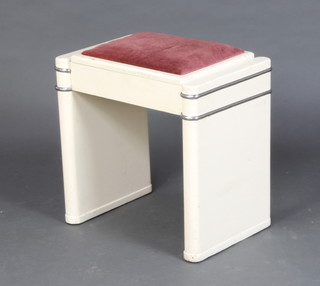 An Art Deco white painted and chrome box seat piano stool with hinged lid 50cm x 52cm x 35cm 