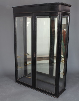 An ebonised cabinet with mirrored back enclosed by a moulded cornice enclosed by glazed panelled doors 175cm h x 118cm w x 42cm d (no shelves) 
