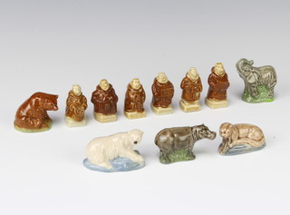 A Wade figure of a seated bear 4cm and 4 other wild animals and 5 figures of monks 