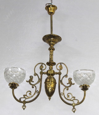 A Victorian style gilt metal twin light electrolier with cut glass shades 75cm h x 67cm w
