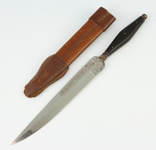 A Progresso knife with 16cm blade, horn grip and leather scabbard 