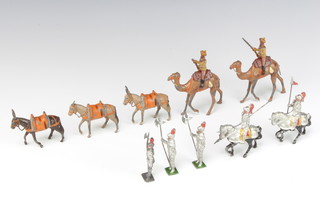 2 Britains mounted Camel Corps figures, 2 mounted knights, 3 standing knights and 3 donkeys 