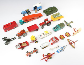 A Dinky Meccano fire engine, a Dinky Supertoys 651 Centurion tank, a Dinky 201 Field Marshall tractor, ditto 321 Massey Harris manure spreader (f), a Corgi Citroen Safari and other model toy cars (all play worn) 