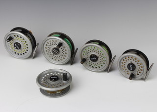 Three Rimfly centre pin fishing reels and a Rimfly 2 fishing reel with spare spool 