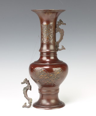 A 19th Century Japanese bronze club shaped twin handled vase 33cm x 12cm 