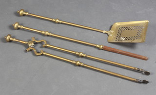 A Victorian brass 3 piece fireside companion set comprising shovel, poker and tongs 