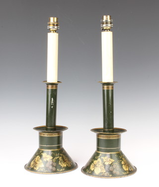 A pair of green and floral painted Toleware style candlesticks converted for use as electric table lamps 43cm x 15cm 