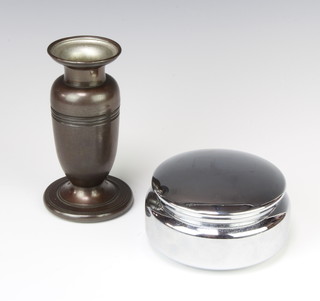 An Art Deco cylindrical chromium plated jar and cover, the base marked RLLBRBX 1934  5cm x 10cm together with a bronzed gilt metal vase, base marked BSRLLBR1 14cm x 6cm 