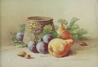 Edwardian watercolour indistinctly signed, still life study of fruit before a copper pot 23cm x 33cm 