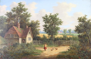 A 19th Century oil on board, unsigned, a lady feeding chickens before a country cottage 23cm x 36cm 