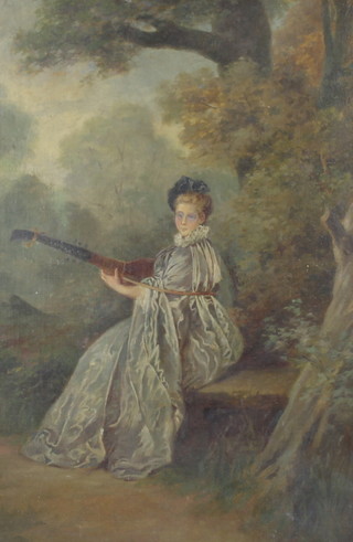 An Edwardian oil on board, unsigned, study of a lady playing a mandolin 45cm x 30cm 
