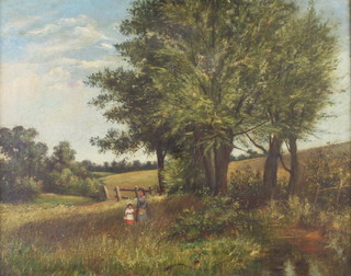 19th Century oil on canvas, unsigned, figures in a country setting beside a stream 42cm x 52cm 