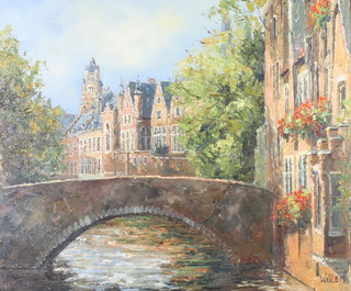 M Willem, oil on canvas signed, Bruges Canal scenes 48cm x 59cm 