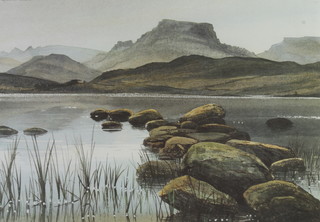 A J Cartmel-Crossley, a proof print signed in pencil, lakeside view with distant hills 36cm x 50cm 
