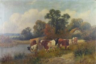 S Carwell '11,  19th Century oil on canvas, signed and dated study of cattle beside a river 50cm x 76cm 