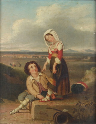 M Miller 1873, oil on canvas, a young couple, boy tying her shoelaces with distant figures and buildings 24cm x 19cm 