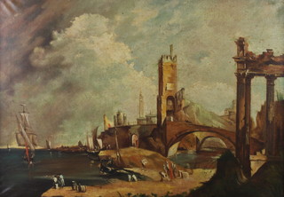 F Guardi, oil on canvas unsigned, Continental town scape with boats and figures 47cm x 67cm  