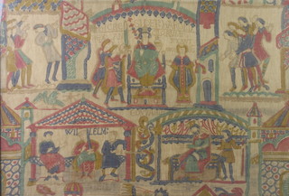 Early 20th Century painting on cotton, part study of the Bayeux Tapestry 49cm x 72cm 