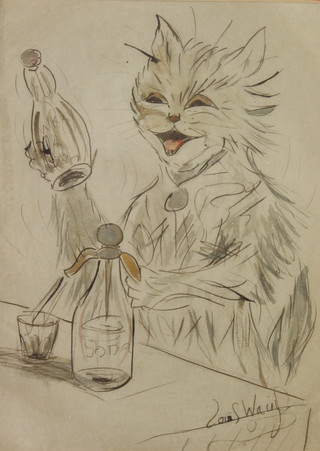 L Wain, watercolour signed, study of a cat sitting at a table with a bottle of whisky, soda and glass, bearing a signature 36cm x 27cm 