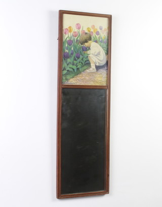 Jessie Willkox-Smith, print, study of a child smelling tulips, mounted as a pier glass in an oak frame 70cm x 22cm  
