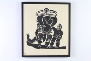 An Inuit print, indistinctly signed, study of a fisherman, his son and his catch, indistinctly signed, proof 41cm x 36cm  