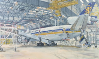 Ian Weatherhead, 1981, oil on board signed, aeronautical study "James S.M.McDonnell" in the Bill Richardson hanger, study of a DC10-30 British Caledonian jet G/BHDJ 60cm x 100cm 