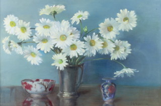 C G Tresidder, oil on board, still life study with a mug of flowers and porcelain vases 42cm x 65cm 
