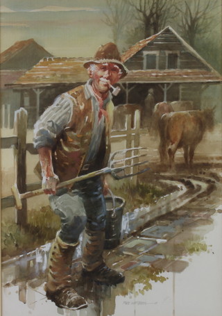 Mike Western, watercolour, signed, study of a farmer in a farmyard 42cm x 29cm 