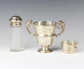 An Edwardian silver 2 handled presentation cup, Chester 1902, 11cm and a silver mounted shaker, together with a bowl, weighable silver 233 grams  