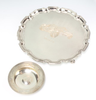 A silver salver with Chippendale rim on scroll feet engraved with a motor car "Rusty" Sheffield 1983 together with a silver Armada dish London 1963, 705 grams