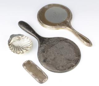 A Victorian silver shield shaped butter dish, Sheffield 1898, 2 hand mirrors and a box lid 