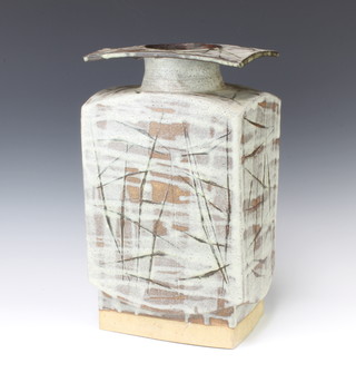 A 1970's Studio Pottery rectangular vase with wide rectangular lip and geometric decoration 40cm 