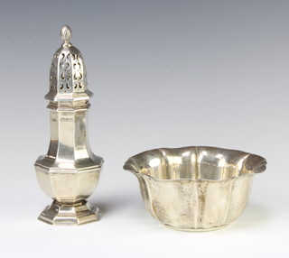 An Edwardian flared neck bowl Sheffield 1903, an octagonal silver sugar shaker 236 grams